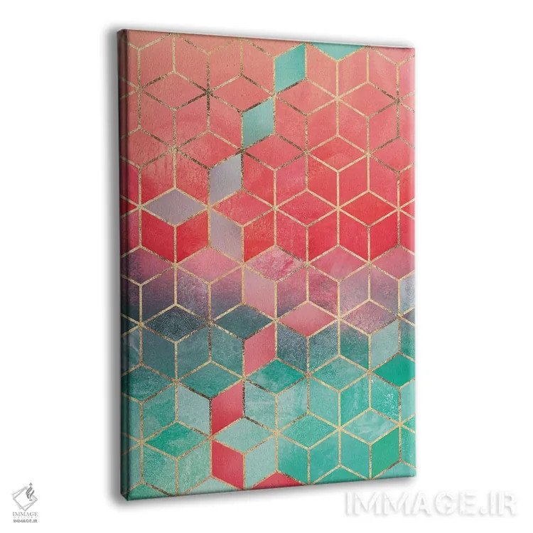 تابلو انتزاعی Rectangular,مکعب های رز و فیروزه ای، مستطیلی اثر الیزابت فردریکسون - نمای پرسپکتیو محصول