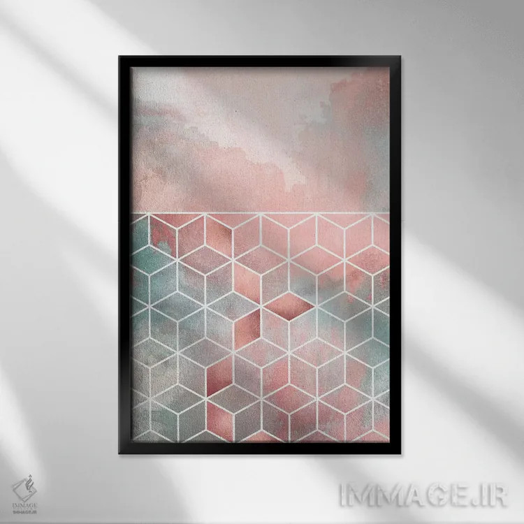 تابلو انتزاعی ابر و مکعب های رز اثر الیزابت فردریکسون - نمای قابدار مشکی