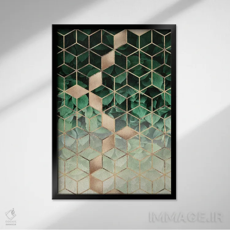 تابلو انتزاعی برگ ها و مکعب ها I اثر الیزابت فردریکسون - نمای قابدار مشکی