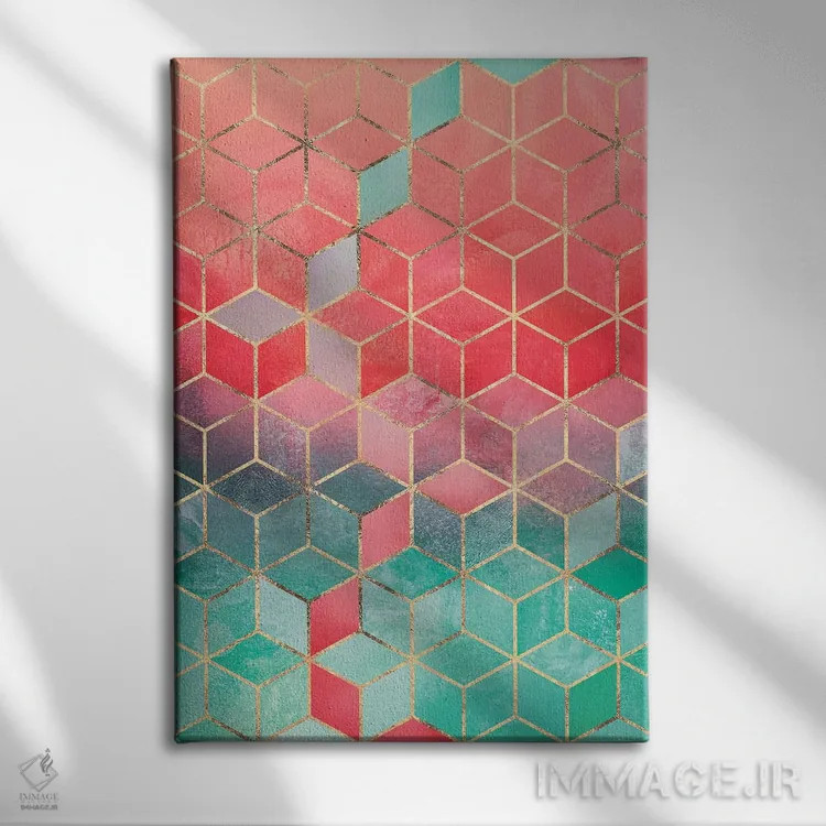 تابلو انتزاعی Rectangular,مکعب های رز و فیروزه ای، مستطیلی اثر الیزابت فردریکسون - نمای روبهرو روی دیوار