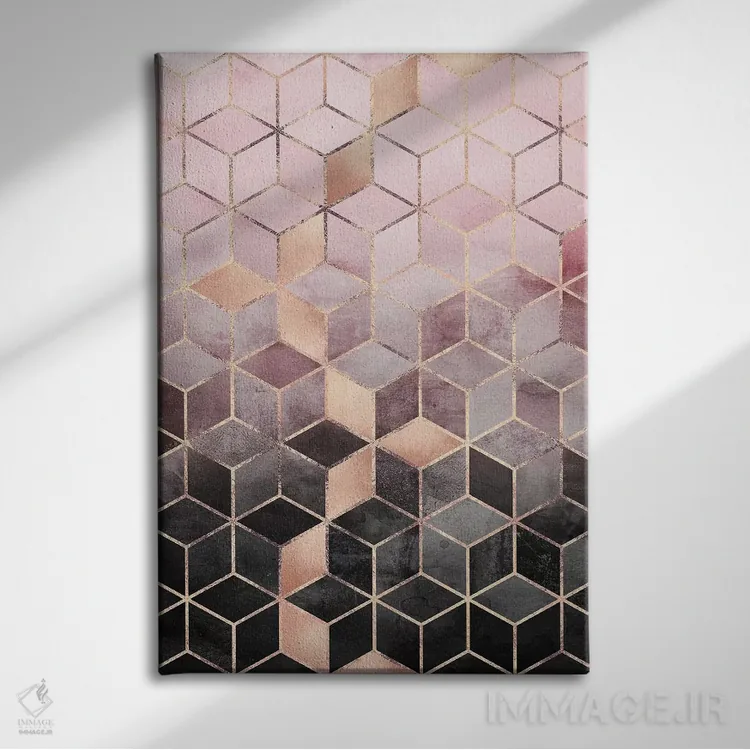 تابلو انتزاعی Rectangular,مکعب های گرباورها صورتی و خاکستری، مستطیلی اثر الیزابت فردریکسون - نمای روبهرو روی دیوار