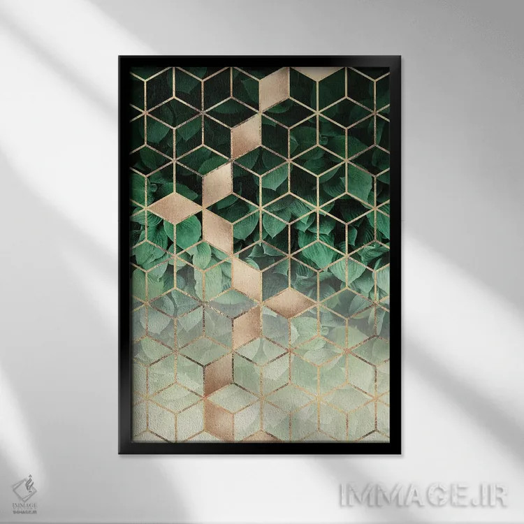 تابلو انتزاعی برگ ها و مکعب ها اثر الیزابت فردریکسون - نمای قابدار مشکی