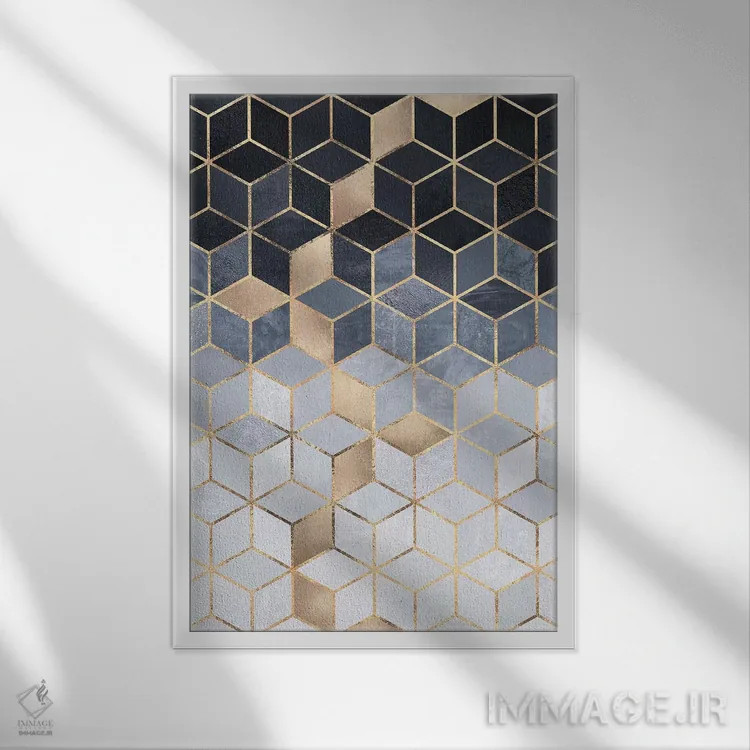 تابلو انتزاعی Rectangular,مکعب های گرباورها آبی ملایم، مستطیلی اثر الیزابت فردریکسون - نمای قابدار سفید