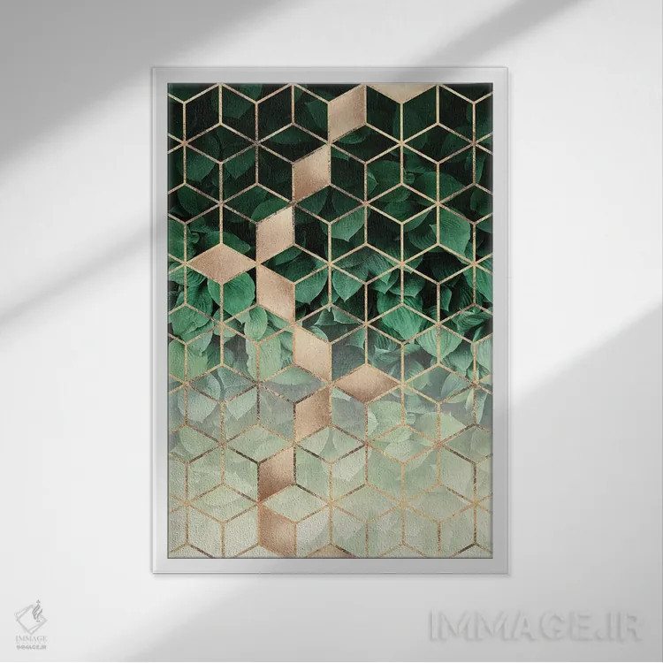 تابلو انتزاعی برگ ها و مکعب ها I اثر الیزابت فردریکسون - نمای قابدار سفید