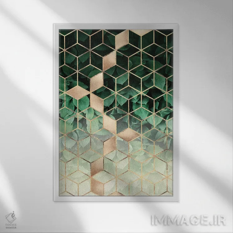 تابلو انتزاعی برگ ها و مکعب ها اثر الیزابت فردریکسون - نمای قابدار سفید