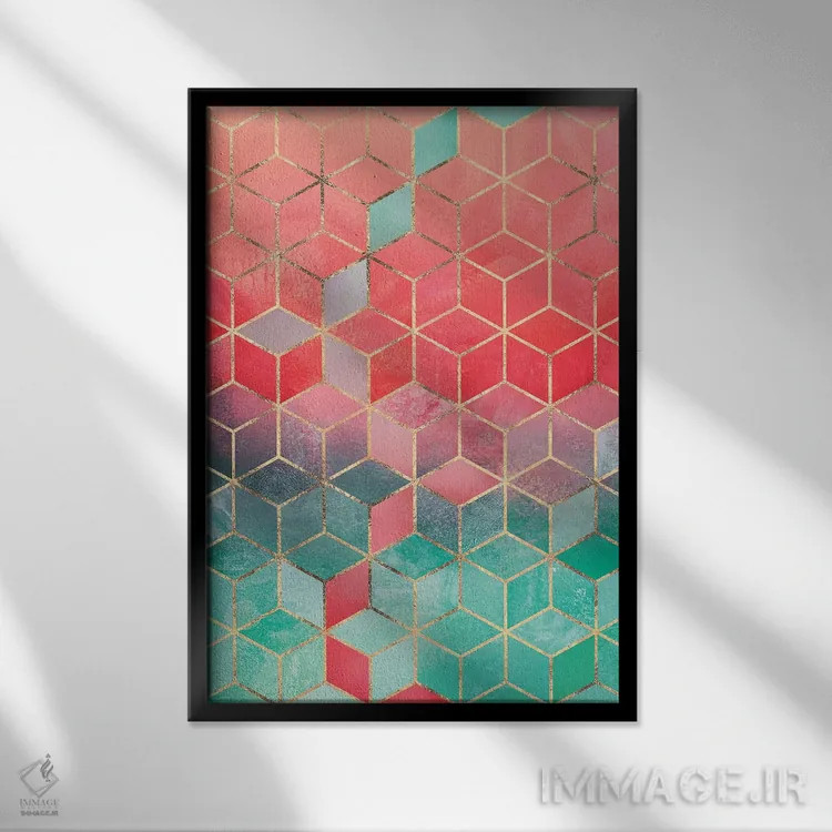 تابلو انتزاعی Rectangular,مکعب های رز و فیروزه ای، مستطیلی اثر الیزابت فردریکسون - نمای قابدار مشکی