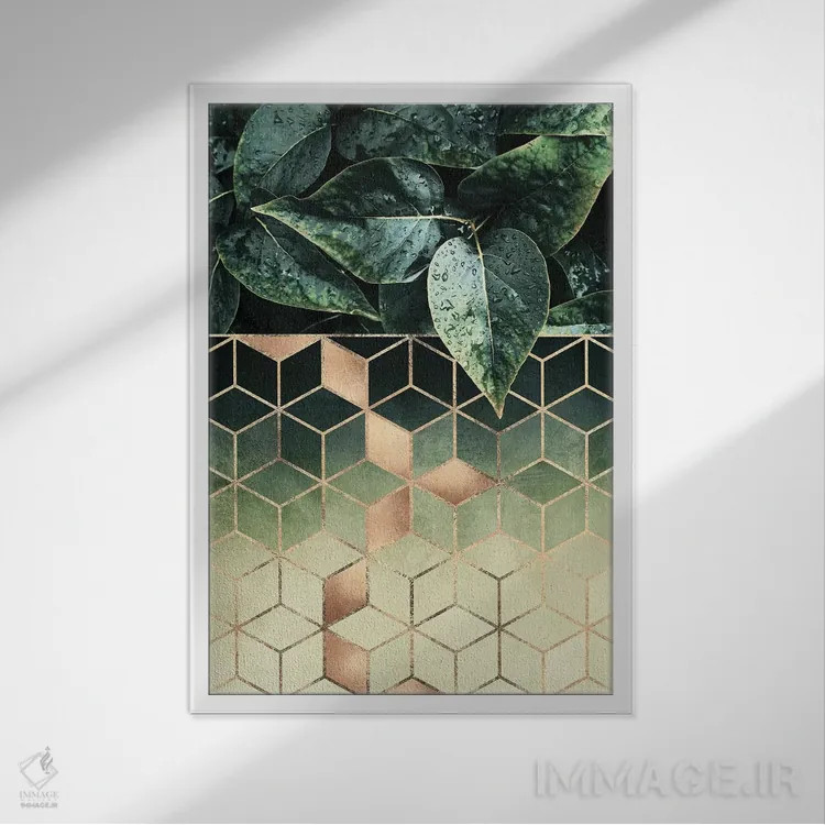 تابلو انتزاعی برگ ها و مکعب ها II اثر الیزابت فردریکسون - نمای قابدار سفید