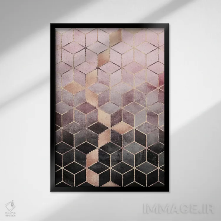 تابلو انتزاعی Rectangular,مکعب های گرباورها صورتی و خاکستری، مستطیلی اثر الیزابت فردریکسون - نمای قابدار مشکی
