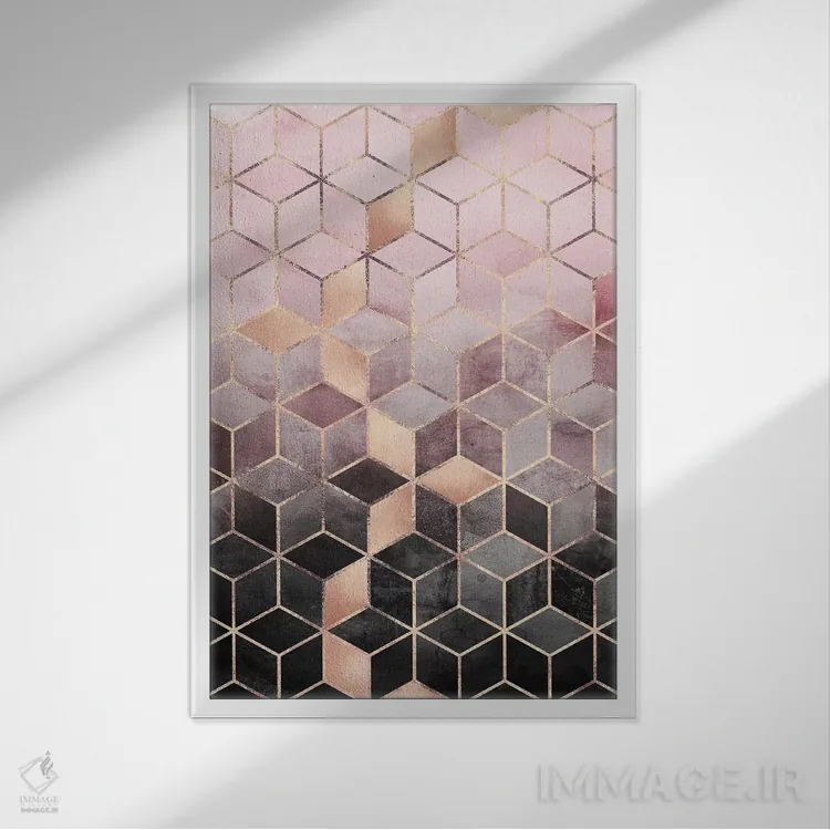 تابلو انتزاعی Rectangular,مکعب های گرباورها صورتی و خاکستری، مستطیلی اثر الیزابت فردریکسون - نمای قابدار سفید