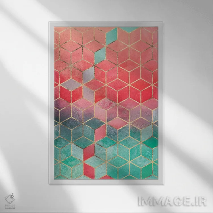 تابلو انتزاعی Rectangular,مکعب های رز و فیروزه ای، مستطیلی اثر الیزابت فردریکسون - نمای قابدار سفید