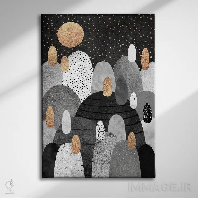 تابلو انتزاعی سرزمین کوچک سنگریزه ها در شب اثر الیزابت فردریکسون - نمای روبهرو روی دیوار