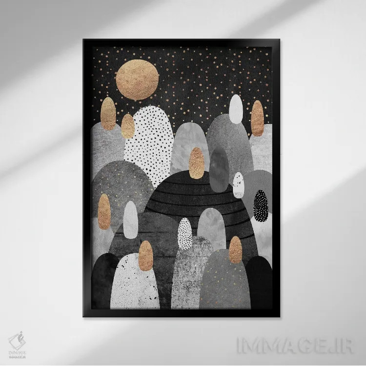 تابلو انتزاعی سرزمین کوچک سنگریزه ها در شب اثر الیزابت فردریکسون - نمای قابدار مشکی