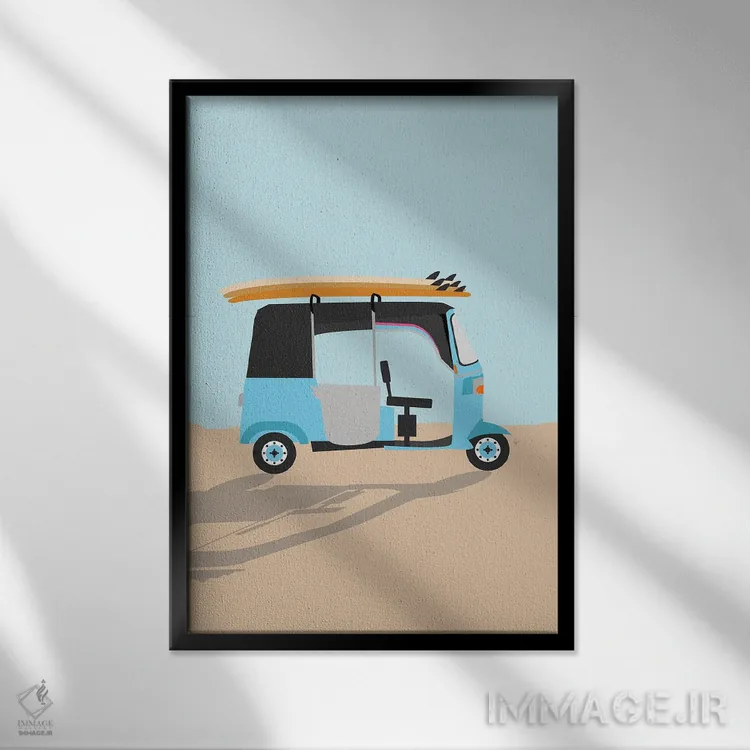 تابلو مدرن "توک توک موج سواری در سریلانکا" اثر لایمن کریتیو کو. - نمای قابدار مشکی