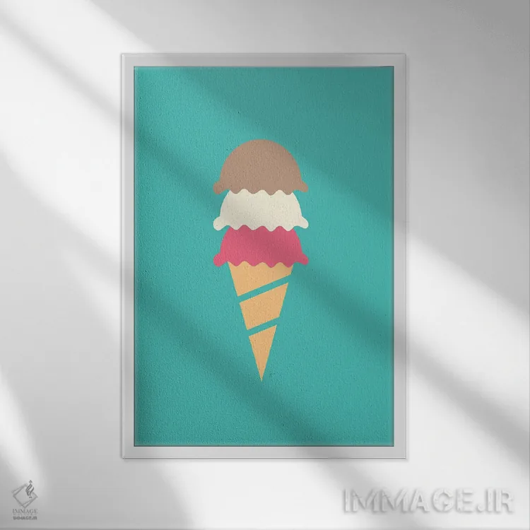 تابلو مینیمال "بستنی نیوپولیتان سه اسکوپی در قیف" اثر لایمن کریتیو کو. - نمای قابدار سفید