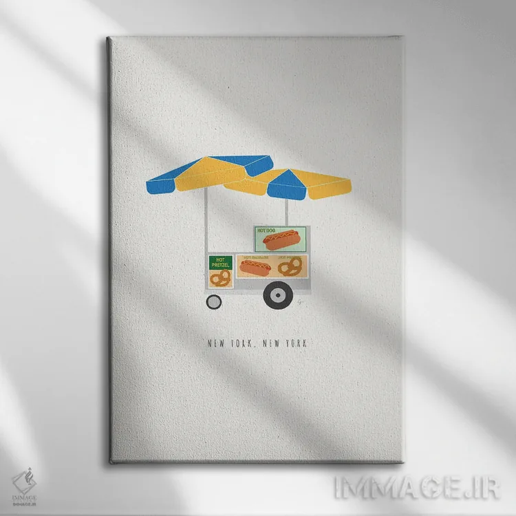 تابلو مینیمال "گاری هات داگ نیویورک" اثر لایمن کریتیو کو. - نمای روبهرو روی دیوار