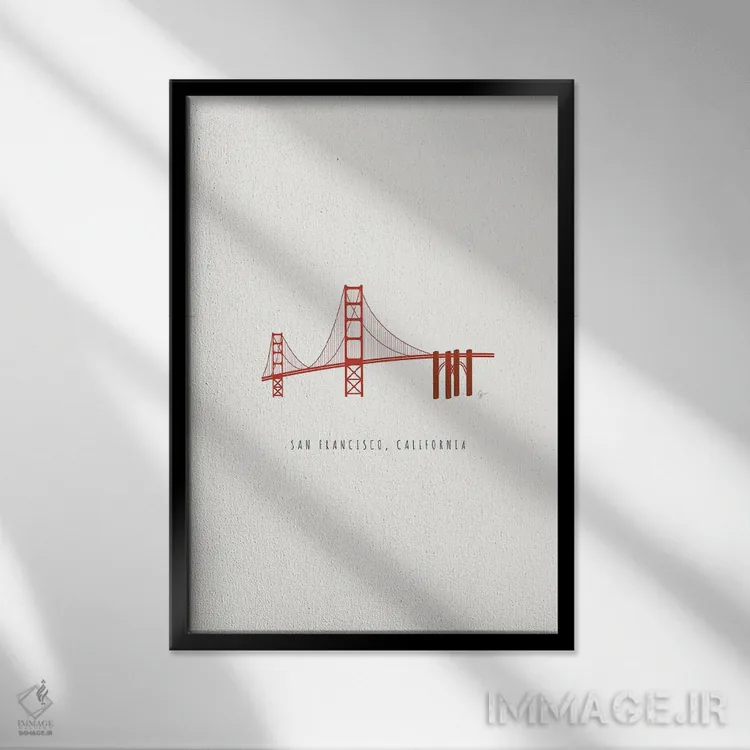 تابلو مینیمال "پل گلدن گیت، سانفرانسیسکو، کالیفرنیا" اثر لایمن کریتیو کو. - نمای قابدار مشکی
