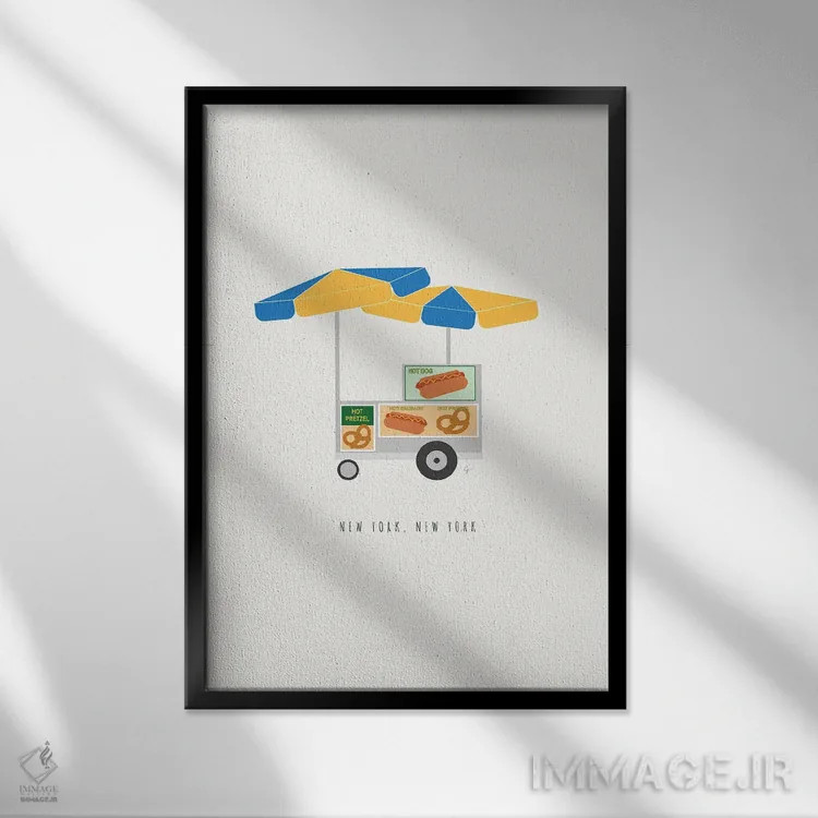 تابلو مینیمال "گاری هات داگ نیویورک" اثر لایمن کریتیو کو. - نمای قابدار مشکی