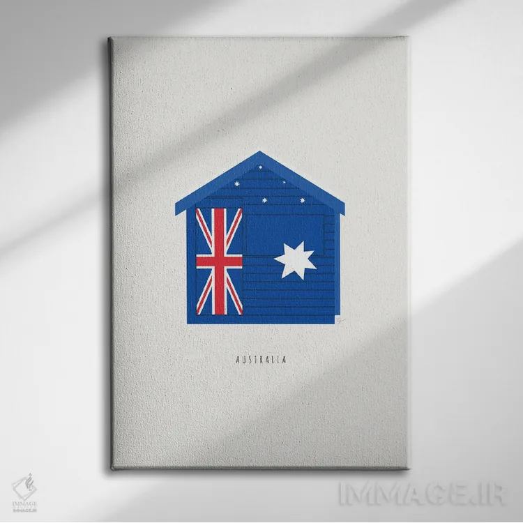 تابلو مینیمال "کلبه شنای ساحل برایتون، ملبورن، استرالیا" اثر لایمن کریتیو کو. - نمای روبهرو روی دیوار