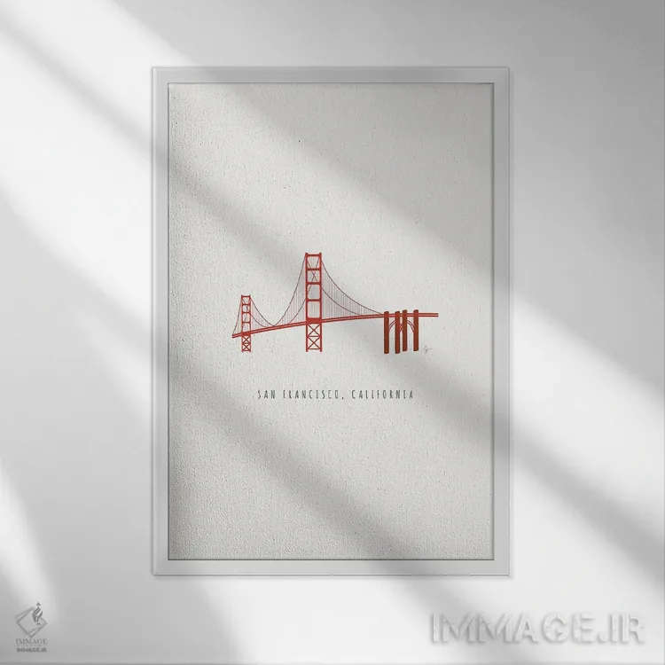 تابلو مینیمال "پل گلدن گیت، سانفرانسیسکو، کالیفرنیا" اثر لایمن کریتیو کو. - نمای قابدار سفید