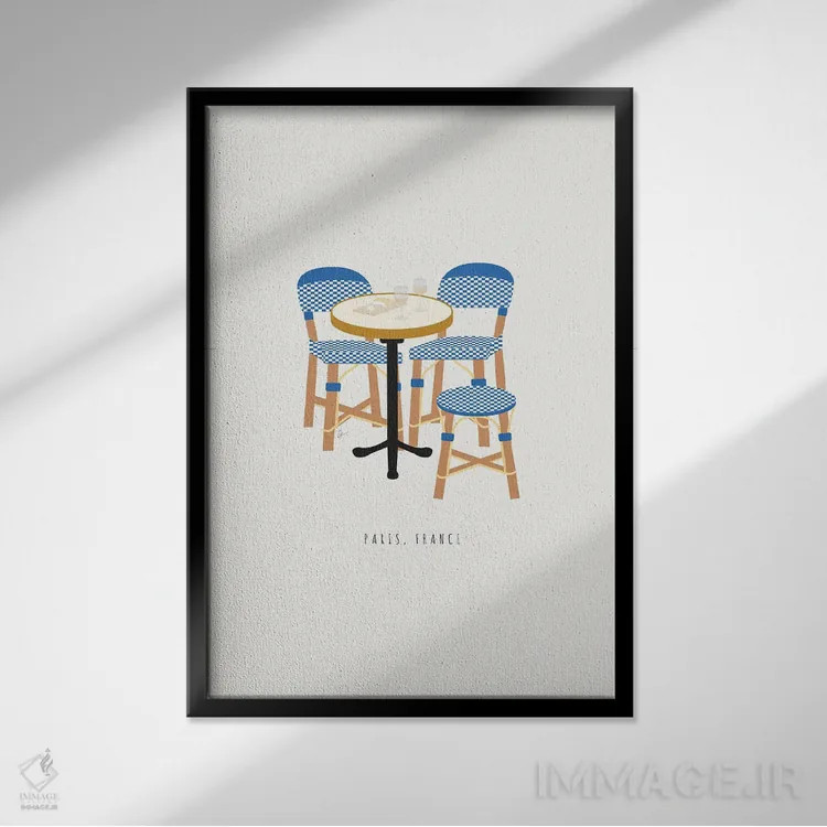 تابلو مینیمال "صندلی های کافه پاریس" اثر لایمن کریتیو کو. - نمای قابدار مشکی