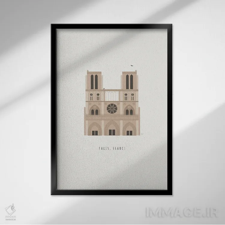 تابلو مینیمال "کلیسای جامع پاریس، فرانسه" اثر لایمن کریتیو کو. - نمای قابدار مشکی