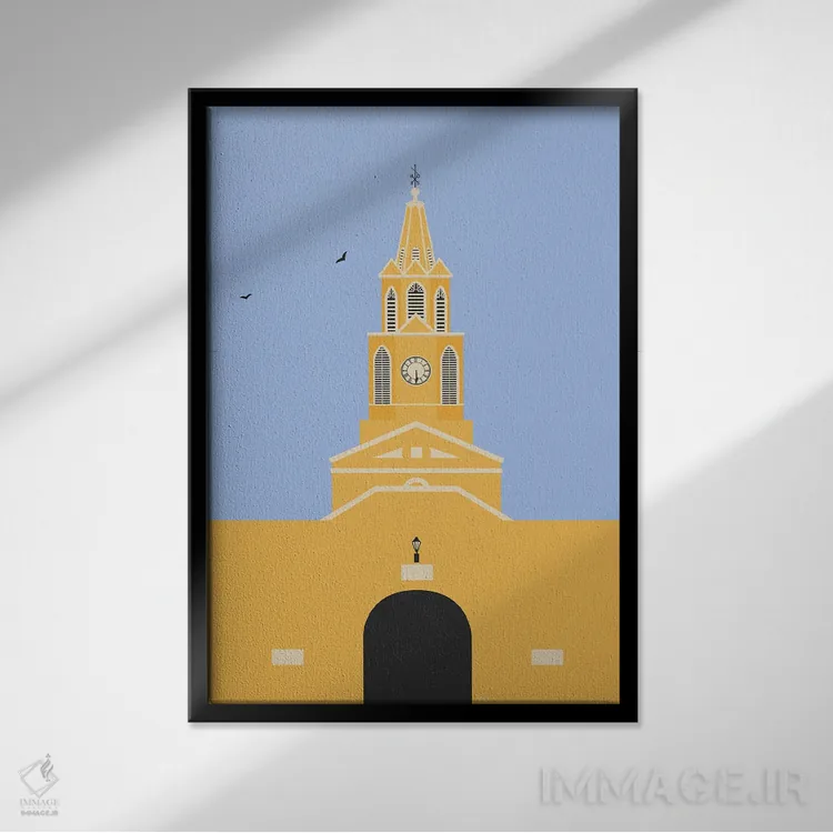 تابلو مدرن "برج ساعت، کارتاهنا، کلمبیا" اثر لایمن کریتیو کو. - نمای قابدار مشکی
