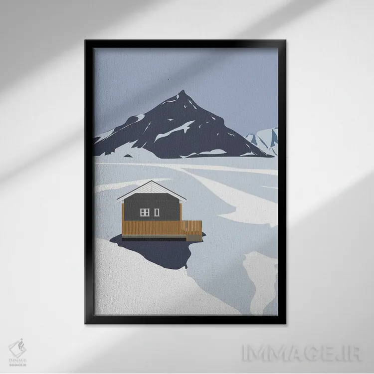 تابلو مدرن "ایسلند، کلبه ای در برف" اثر لایمن کریتیو کو. - نمای قابدار مشکی