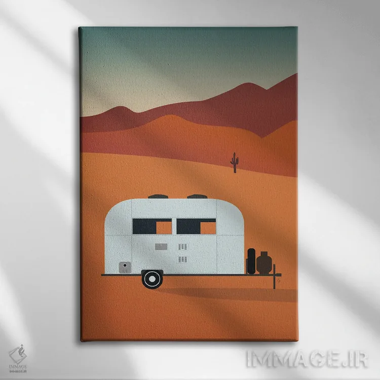 تابلو مدرن "کمپر در بیابان هنگام غروب" اثر لایمن کریتیو کو. - نمای روبهرو روی دیوار