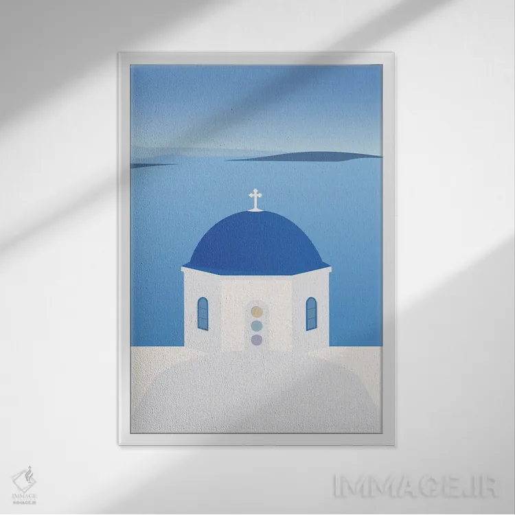 تابلو مدرن "کلیسای گنبد آبی، اویا، سانتورینی، یونان" اثر لایمن کریتیو کو. - نمای قابدار سفید