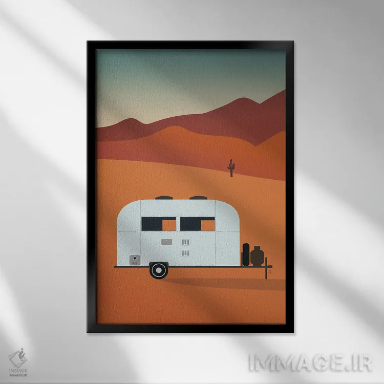 تابلو مدرن "کمپر در بیابان هنگام غروب" اثر لایمن کریتیو کو. - نمای قابدار مشکی