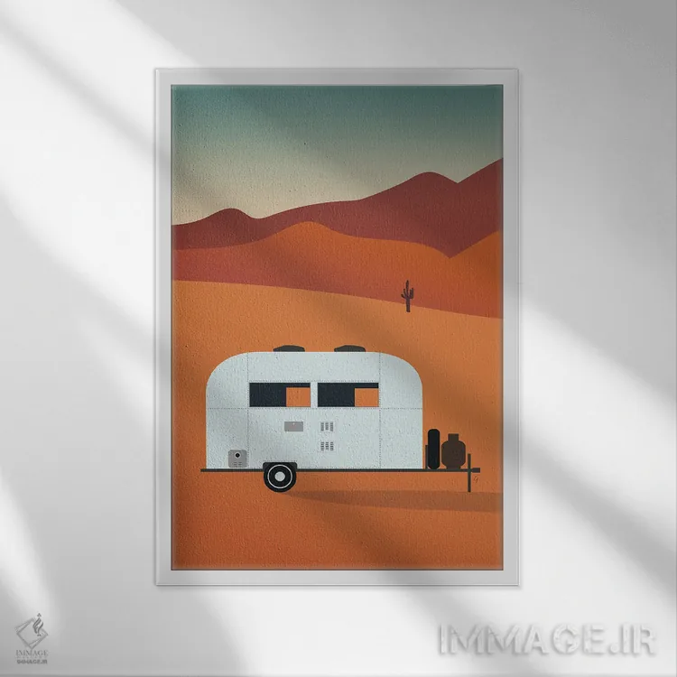 تابلو مدرن "کمپر در بیابان هنگام غروب" اثر لایمن کریتیو کو. - نمای قابدار سفید