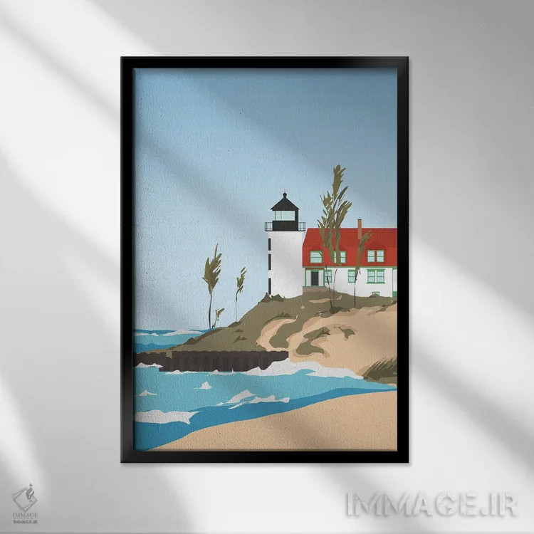 تابلو مدرن "فانوس دریایی در دریاچه میشیگان، آمریکا" اثر لایمن کریتیو کو. - نمای قابدار مشکی