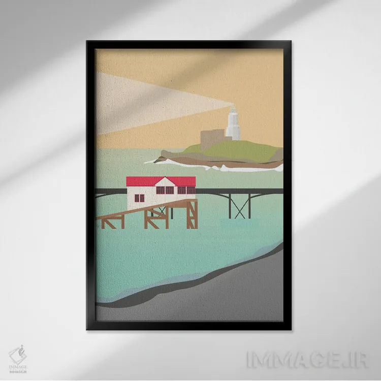 تابلو مدرن "اسکله مامبلز و فانوس دریایی، خلیج سوانزی، ولز جنوبی" اثر لایمن کریتیو کو. - نمای قابدار مشکی