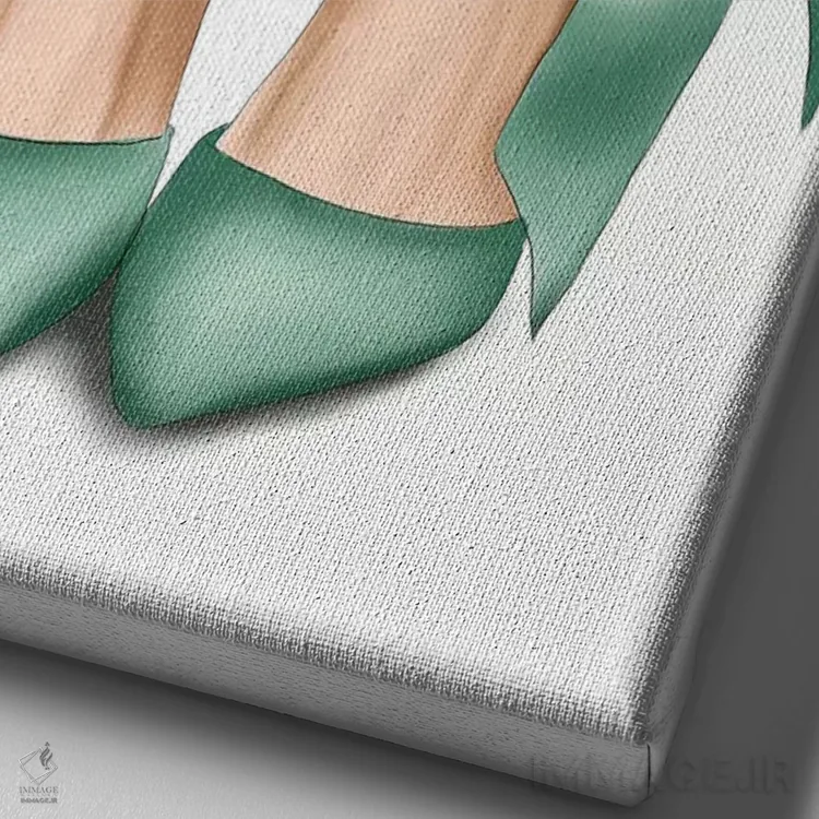 تابلو دکوراتیو "کفش پاشنه بلند با پاپیون نعنایی" اثر الزا فوچه - نمای نزدیک بافت بوم