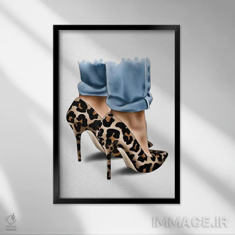 تابلو دکوراتیو "کفش پاشنه بلند با طرح پلنگی" اثر الزا فوچه - نمای قابدار مشکی