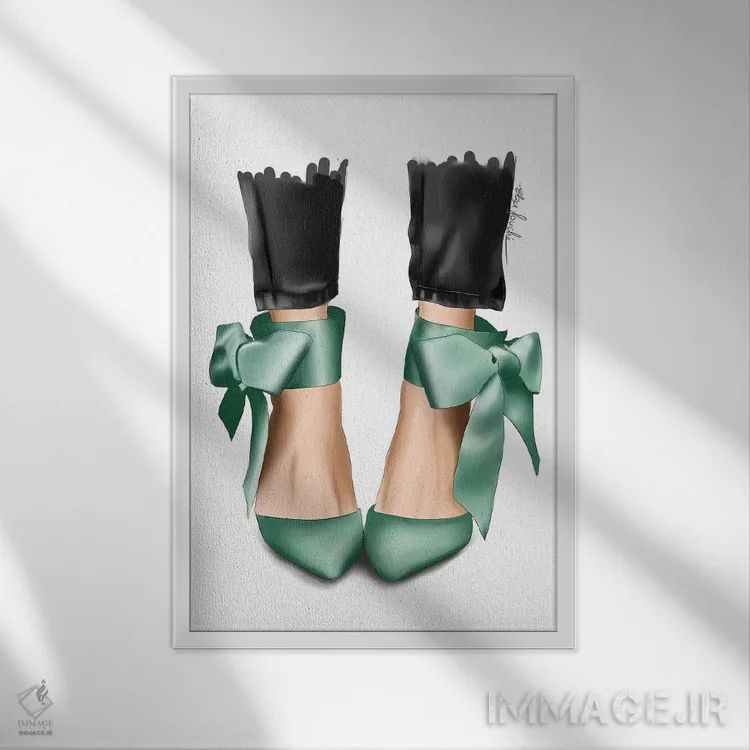 تابلو دکوراتیو "کفش پاشنه بلند با پاپیون نعنایی" اثر الزا فوچه - نمای قابدار سفید