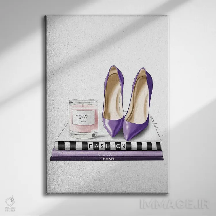 تابلو دکوراتیو شمع و کفش پاشنه دار اثر الزا فوچه - نمای روبهرو روی دیوار