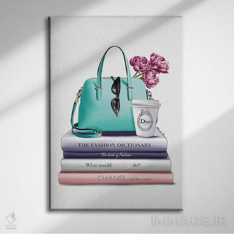 تابلو دکوراتیو کتاب ها و کیف سبز اثر الزا فوچه - نمای روبهرو روی دیوار