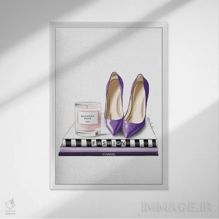 تابلو دکوراتیو شمع و کفش پاشنه دار اثر الزا فوچه - نمای قابدار سفید