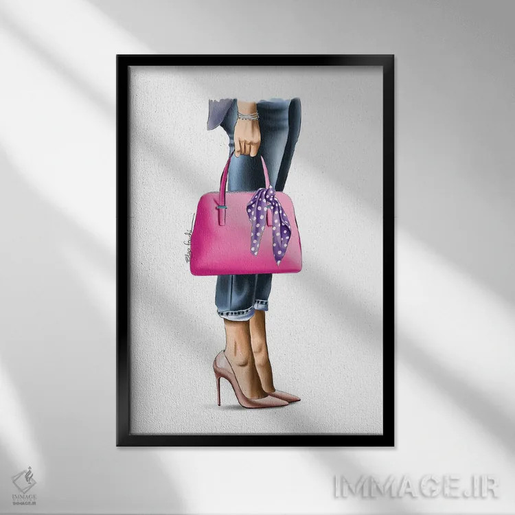 تابلو دکوراتیو کیف دستی صورتی اثر الزا فوچه - نمای قابدار مشکی