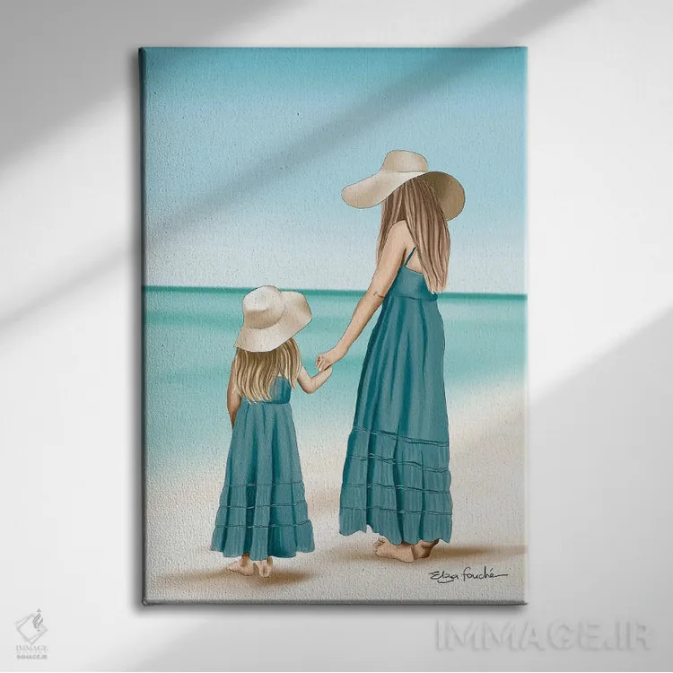 تابلو دکوراتیو ست مادر و دختر در ساحل اثر الزا فوچه - نمای روبهرو روی دیوار