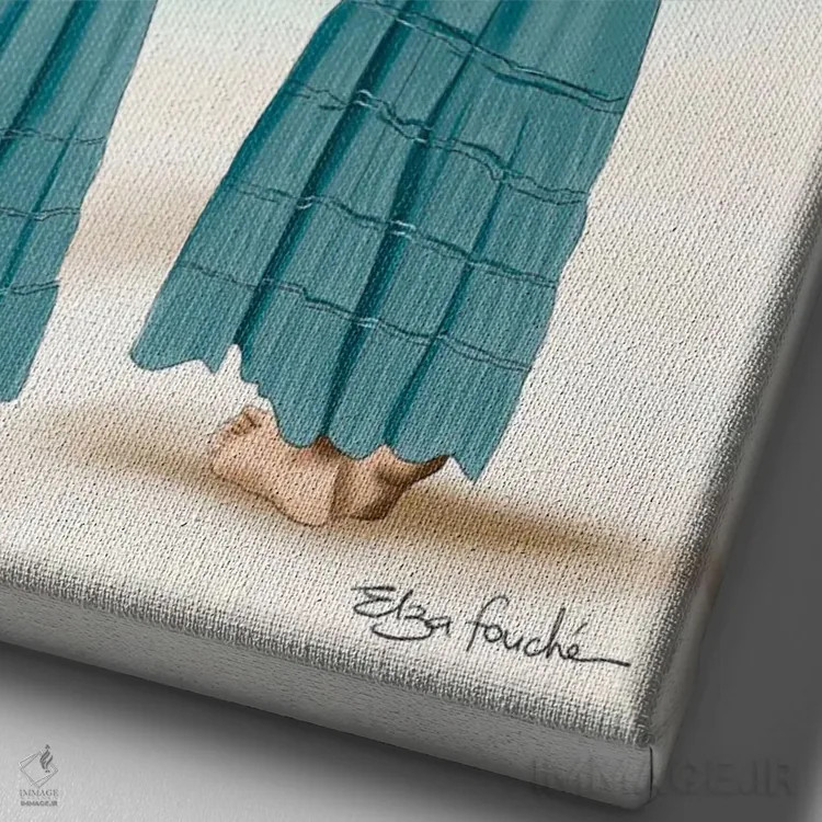 تابلو دکوراتیو ست مادر و دختر در ساحل اثر الزا فوچه - نمای نزدیک بافت بوم