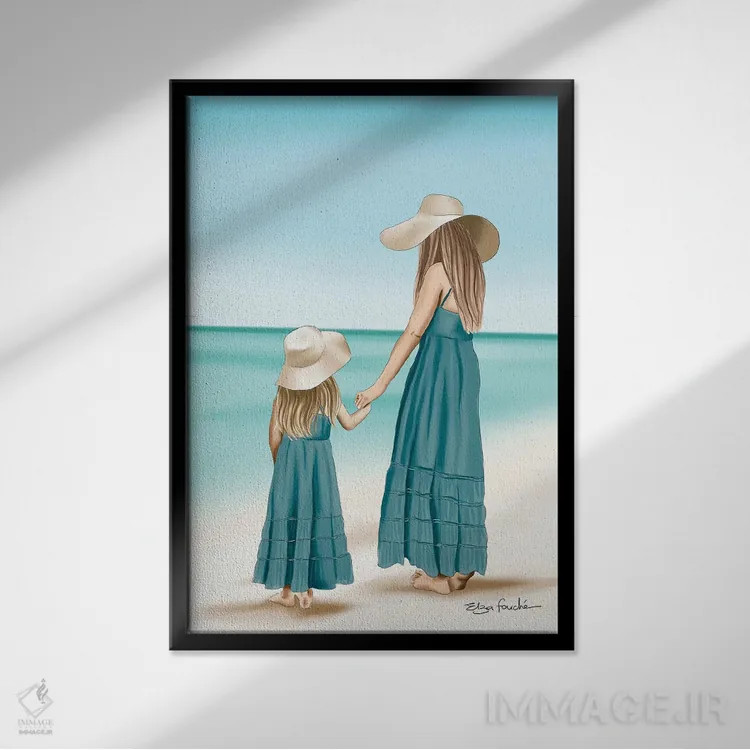 تابلو دکوراتیو ست مادر و دختر در ساحل اثر الزا فوچه - نمای قابدار مشکی