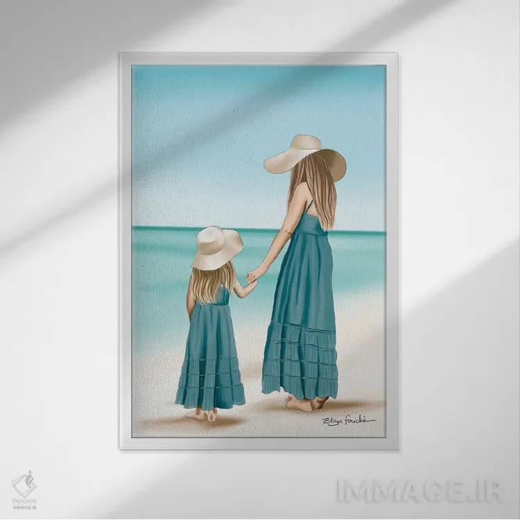 تابلو دکوراتیو ست مادر و دختر در ساحل اثر الزا فوچه - نمای قابدار سفید