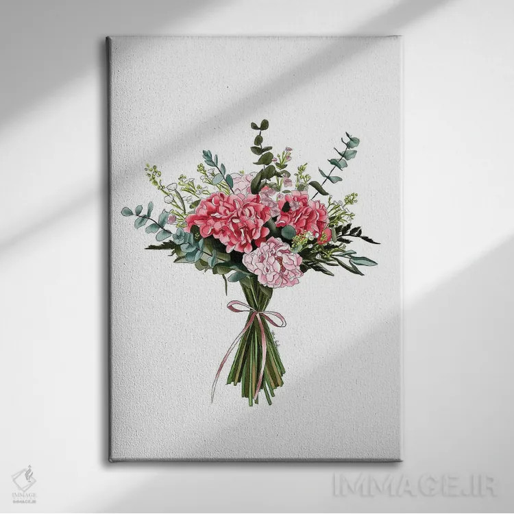 تابلو دکوراتیو دسته گل صورتی اثر الزا فوچه - نمای روبهرو روی دیوار