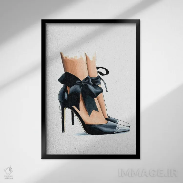 تابلو دکوراتیو کفش پاشنه دار مشکی با پاپیون اثر الزا فوچه - نمای قابدار مشکی