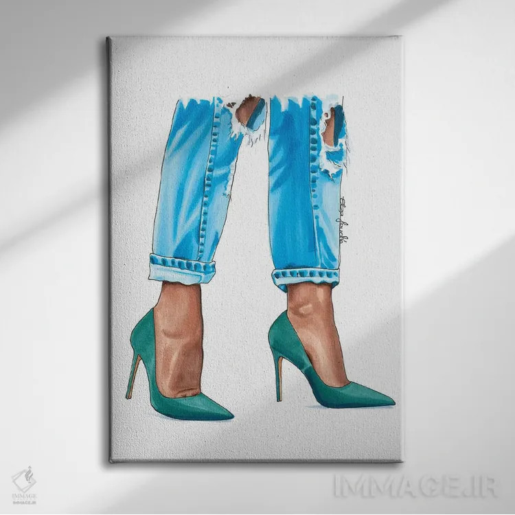تابلو دکوراتیو کفش پاشنه دار سبزآبی اثر الزا فوچه - نمای روبهرو روی دیوار