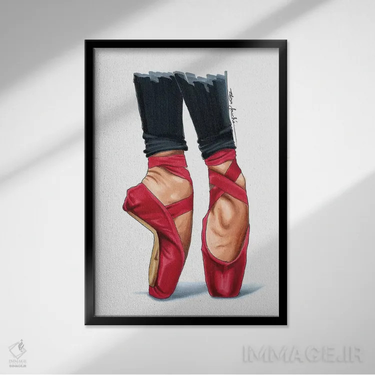 تابلو دکوراتیو کفش پنجه دار قرمز اثر الزا فوچه - نمای قابدار مشکی