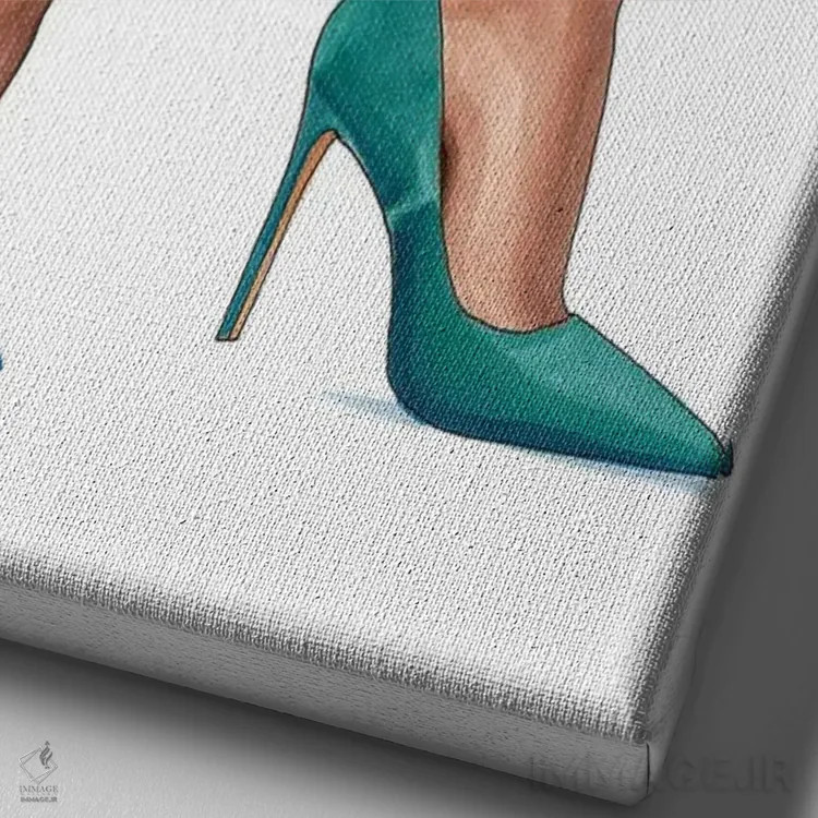 تابلو دکوراتیو کفش پاشنه دار سبزآبی اثر الزا فوچه - نمای نزدیک بافت بوم