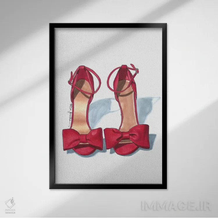 تابلو دکوراتیو کفش پاشنه دار قرمز روشن اثر الزا فوچه - نمای قابدار مشکی